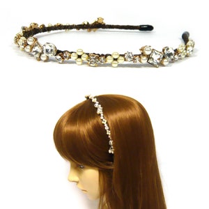 Clear Crystal Rhinestone Stone Cream Faux Pearl Beaded Fabric Cover Thin Headband Hairband Headpiece Wedding Bridal Fashion Hair Jewelry New