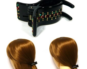 Green-Red-Green Web Stripe Crystal Rhinestone Gold Plated Ball Black Plastic Hair Claw Clip Clamp Ponytail Holder Unique Fashion Accessory