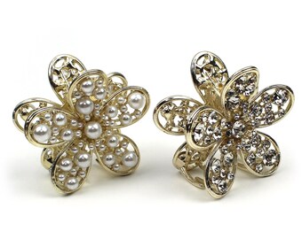 Stark guldfärgad hårspänne i metall med blomma, klo, vit pärla eller silverfärgad strass, dekorativ uppsättningshållare, hårnål, käkspänne, håraccessoarer för kvinnor