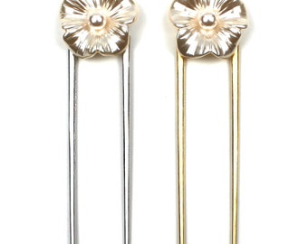 Simple White Acrylic Pearl Flower Hair Stick Two Prong Metal Hair Fork Wedding Bridal Bridesmaid Hairpin Elegant Hair Accessories for Women