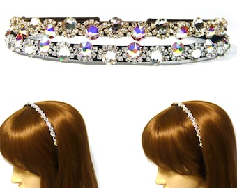 Bling Swarovski Crystal Rhinestone Brown Black Ribbon Covered Metal Headband Hairband Headpiece Hair Jewelry Women Elegant Fashion Accessory