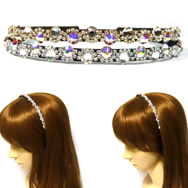 Bling Swarovski Crystal Rhinestone Brown Black Ribbon Covered Metal Headband Hairband Headpiece Hair Jewelry Women Elegant Fashion Accessory