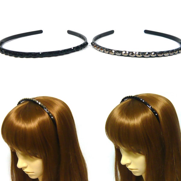 2PCS Gray Black Acrylic Crystal Stone Decor Thin Slim Teeth Plastic Headband Hairband Headpiece Hair Accessory Chic Fashion Women Lady Girl