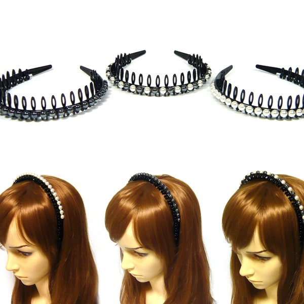 White Gray Mixed Faux Pearl Beaded Black Plastic Teeth Hair Comb Headband Hairband Alice Band Women Lady Girl Comfortable Hair Accessory New