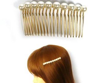 a Pair of Cream Colored Faux Pearl Decor Gold Metal Hair Side Comb Slide Clip Headpiece Wedding Bridal Timeless Elegant Fashion Accessory