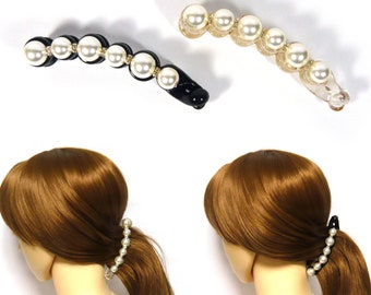 Faux Pearl Rhinestone Beaded Long Clear Beige Black Plastic Teeth Hair Banana Clip Clamp Grip Ponytail Holder Barrette Fashion Accessory New