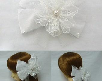 Faux Pearl Ivory Lace Floral Flower Decor Extra Large Huge White Satin Double Bow Hair Clip
