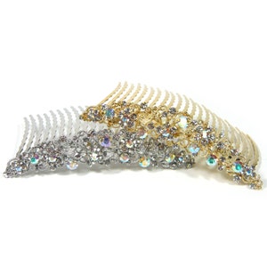 Sparkly Crystal Rhinestone Beaded Flower Tiara Large Big Silver Gold Metal Floral Hair Up Updo Holder Side Comb Clip Grip Jewelry Headpiece