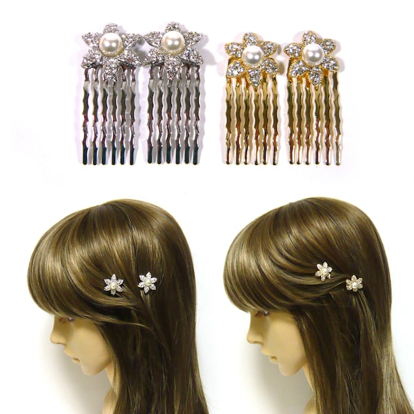 a Pair of Crystal Faux Pearl Flower Floral Small Silver Gold Metal Hair Side Comb Clip Fork Women Wedding Bridal Accessory