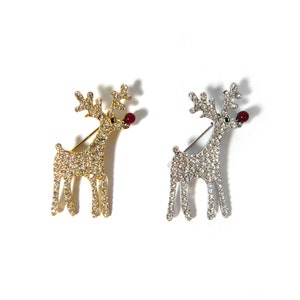 Broche decorativo de rena com strass de cristal, prateado e dourado, em metal, com o nariz vermelho, lindo, fofo, brilhante, acessório de joia da moda, presente de Natal