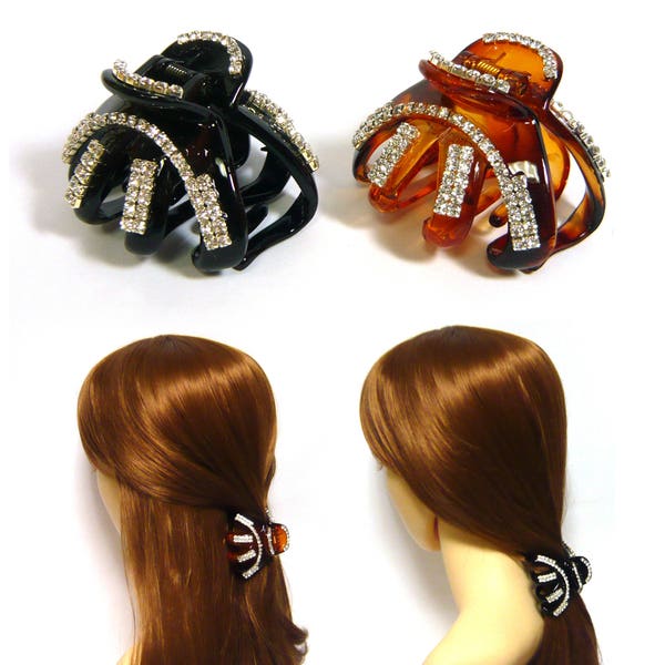 Crystal Rhinestone Medium Size Brown Black Acrylic Plastic Octopus Hair Claw Jaw Clip Clamp Pin Accessory Women Lady Girl Sparkly Fashion