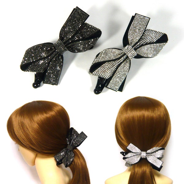 Large Silver Gray Crystal Rhinestone Bow Black Plastic Teeth Hair Banana Clip Comb Ponytail Holder Pin Barrette Bling Fashion Accessory Gift