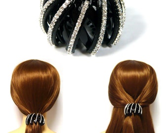 Sparkle Silver Crystal Rhinestone Trim Decorative Expanding Black Plastic Ball Bun Ponytail Holder Cover Snood Wrap Hair Cuff Clip Accessory