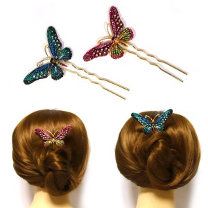 Bling Bunte Kristall Strass Schmetterling Gold Metall Haargabelung Stick-Pick Clip Haarnadel Party Braut Vintage Antik Look Mode-Accessoire