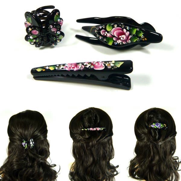 ein Paar Handgemalte Blumen Blumen Blatt Strass Dekor Mittlere Größe Schwarz Kunststoff Haar Klaue Kiefer Clip Klemme asiatische Mode-Accessoire