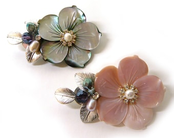 Echte Natuurlijke Roze Grijs Parelmoer Bloem Bloemen Strass Kristal Steen Zilver Metalen Blad Kralen Broche Pin Mode-sieraden cadeau