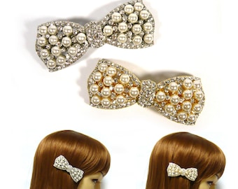 Sparkle Crystal Rhinestone Faux Pearl Beaded Bow Bowknot Hair Jewelry Silver Gold Metal Barrette Clip Clamp Lovely Fashion Accessory Gift