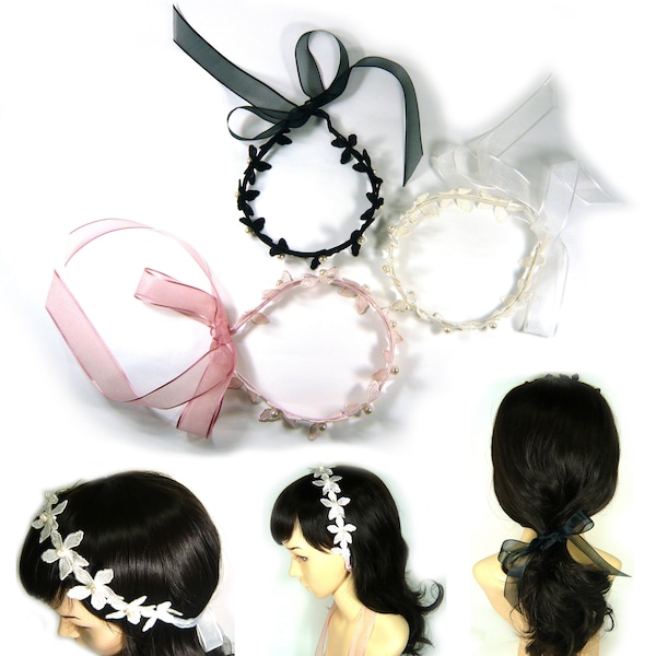 Fabric Flower Floral Pearl Long Chiffon Ribbon Ponytail Tie Headband Hairband Headpiece Alice Band Wedding Bridal Party Prom Fashion Gift