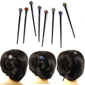 スパークルクリスタルラインストーンビーズボールロングブラックプラスチックヘアジュエリースティックピッククリップピン女性レディガールエレガントファッションアクセサリーギフト