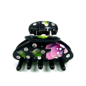 Exotic Oriental Hand Painted Flower Floral Leaf Rhinestone Decor Small Mini Black Plastic Hair Claw Clamp Clip Accessory Long Barrette Gifts