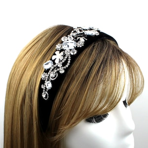 Sparkle Clear Silver Rhinestone Crystal Stone Beaded Decorative Black Velvet Headband Hairband Hair Jewelry Headpiece Fancy Hair Accessory