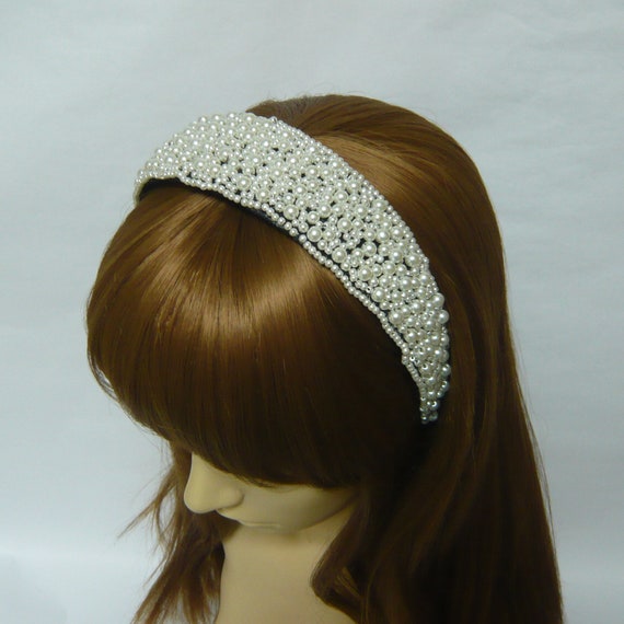 Elegant Pearl Headband wedding bridal prom Wide Pearl and Crystal Bridal Headband: Ivory White Crystal  main image 2