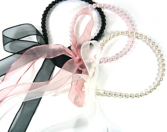 Elfenbein-Rosa-Schwarz Faux-Perle Perlen Lange Chiffon-Band Pferdeschwanz Krawatte Stirnband Haarband Kopfschmuck Hochzeit Braut Abschlussball-Party Mode-Accessoire