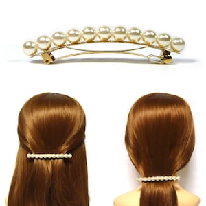 ホワイトアイボリーフェイクパールビーズロングゴールドメッキメタル自動バレッタヘアクリップピンアクセサリーエレガントフォーマルファッション女性レディガールギフト