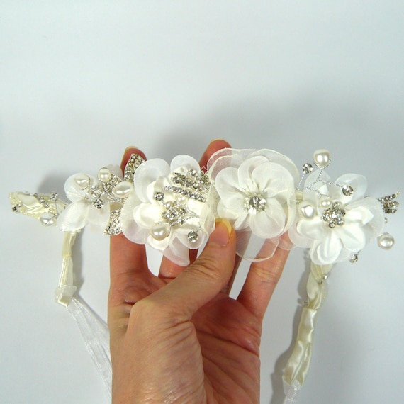 Bridal Wedding Rhinestone Faux Pearl Decor White Chiffon  display picture 2