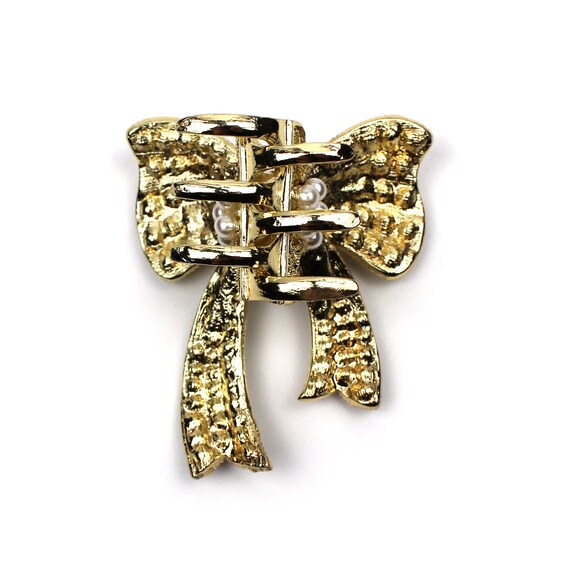 Gold-Tone Bow Hair Clip with Pearl Accent Vintage Faux Pearl Bow Barrette Small Gold Tone Rhinestone  main image 2