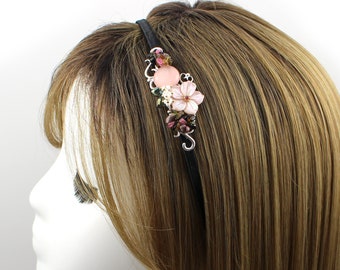 Natural Pink Mother of Pearl Flower Gemstone Tourmaline Beaded Decor Black Ribbon Cover Thin Slim Metal Headband Dainty Headpiece Hairband