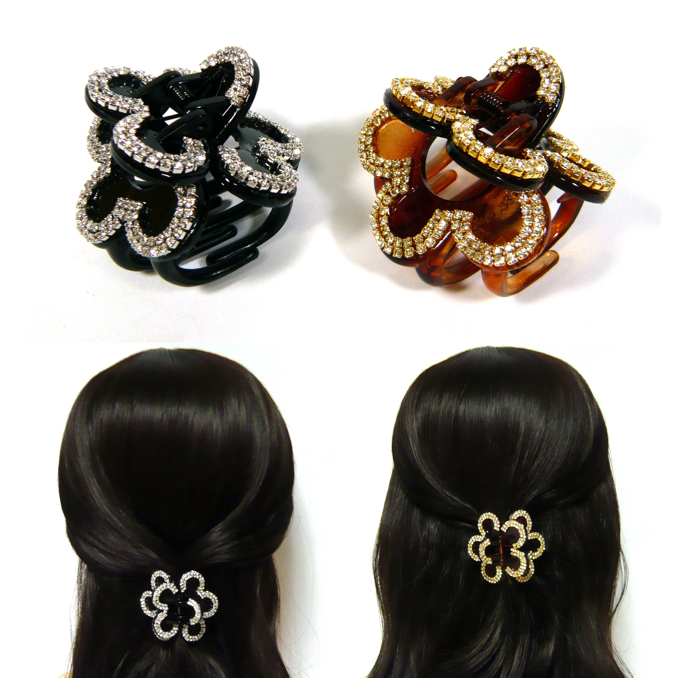 Sparkle Crystal Rhinestone Flower Floral Hair Jewelry Brown Black Plastic Claw Jaw Clip Clamp Grip Holder Elegant Cute Hair Accessories Gift