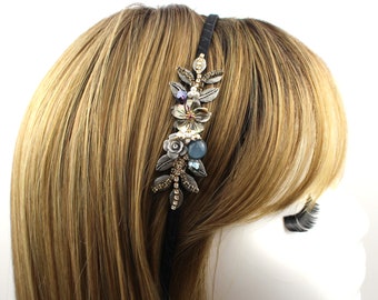 Mother-of-Pearl Floral Crystal Rhinestone Pearl Metal Leaf Beaded Side Decor Ribbon Cover Thin Flower Headband Adult Delicate Hair Accessory