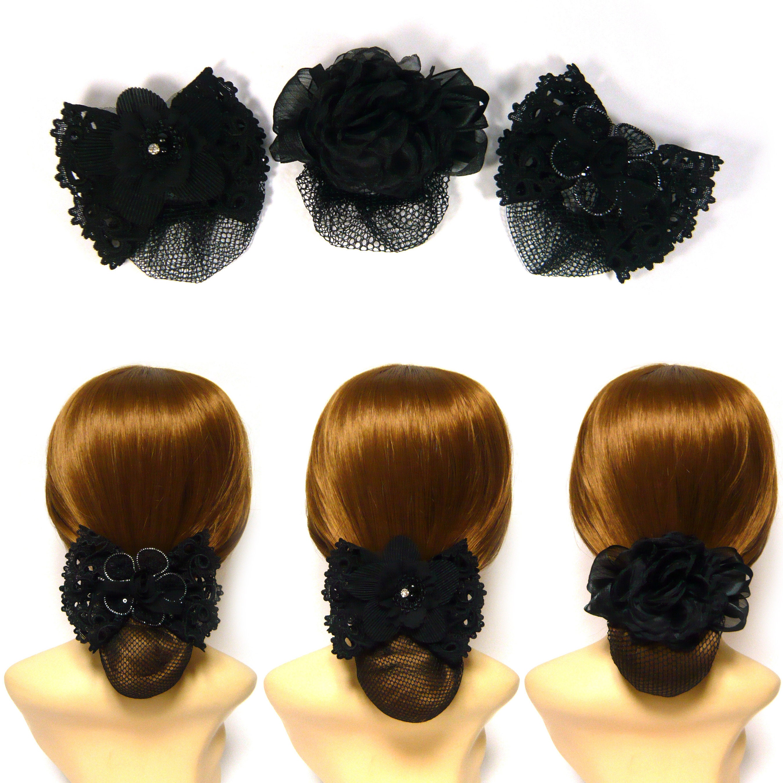 Large Black Fabric Flower Floral Bow Hairnet Bun Holder Cover Etsy