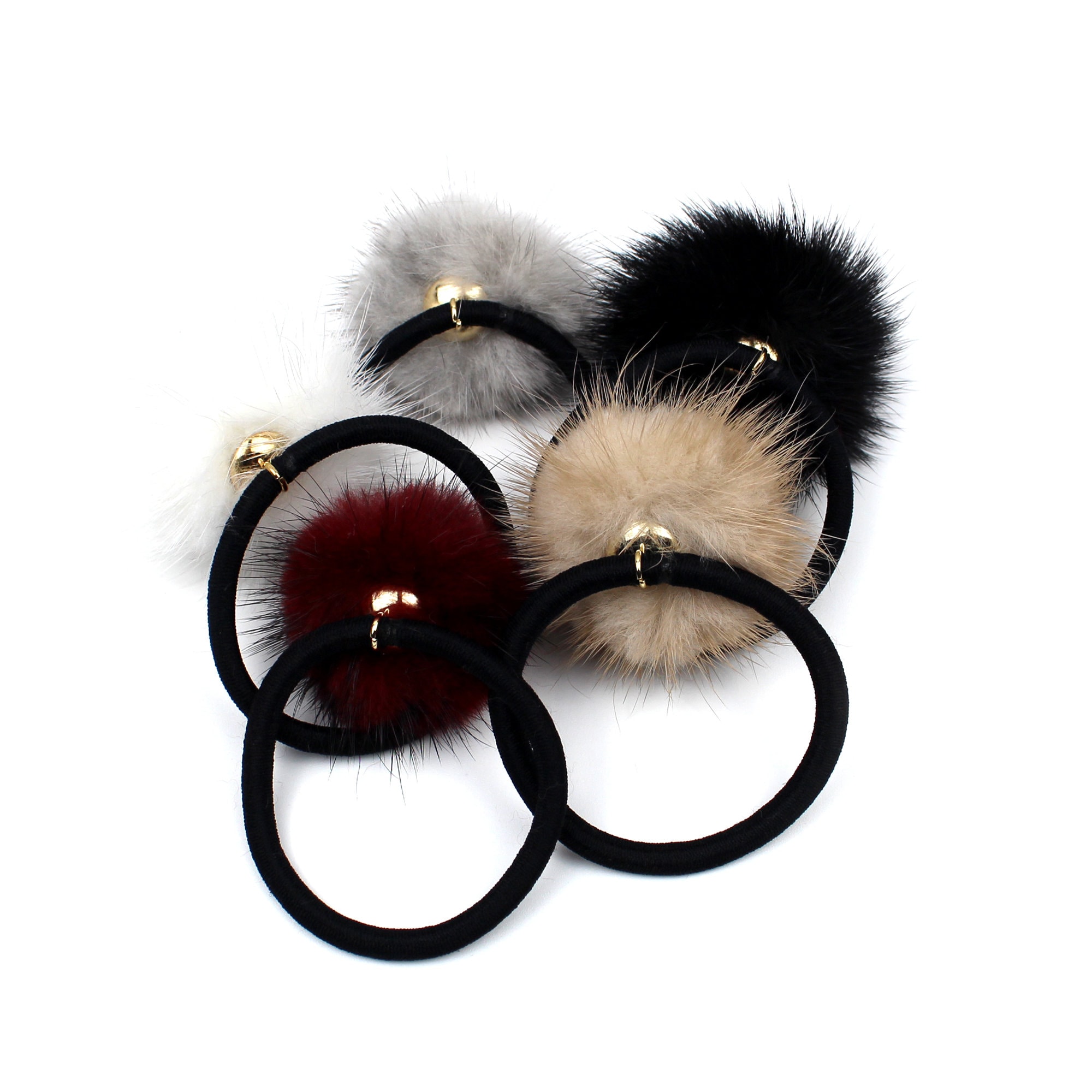 Simple Real Mink Fur Pompom Ball Hair Tie Black Elastic Ring Band
