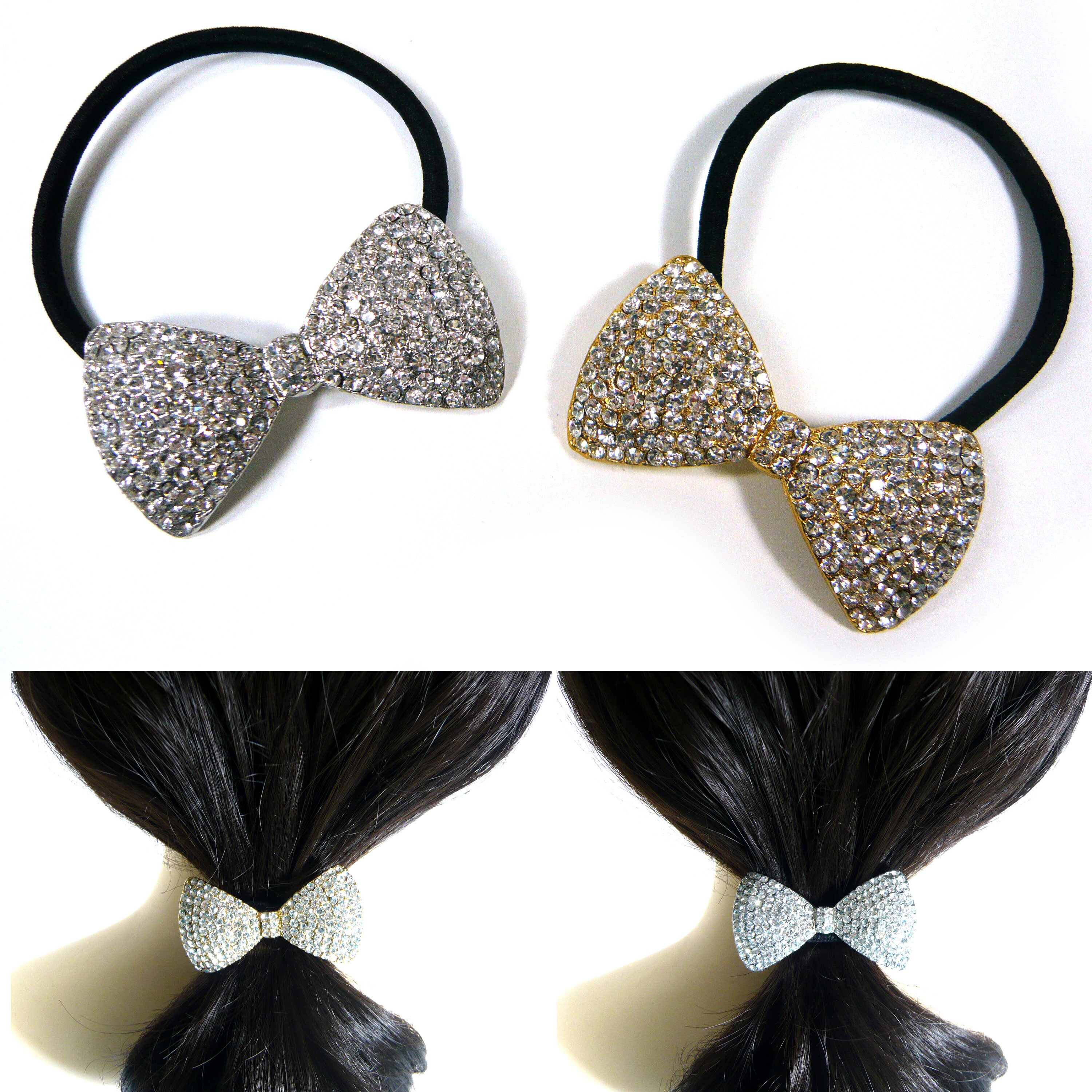 Gold Plated Crystal Bow Pony Tail Holder Women Elegant Hair Elastic Sparkly Crystal Rhinestone Silver Gold Bow Knot Black  main image 3