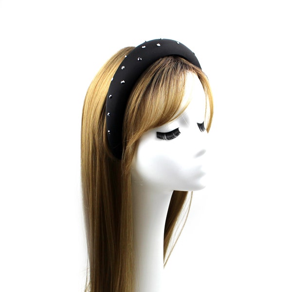 Swarovski Crystal Rhinestone Decor Black Satin Fabric Cover Padded Hairband Sponge Moon Headband Elegant Headpiece for Women Girls Gifts New
