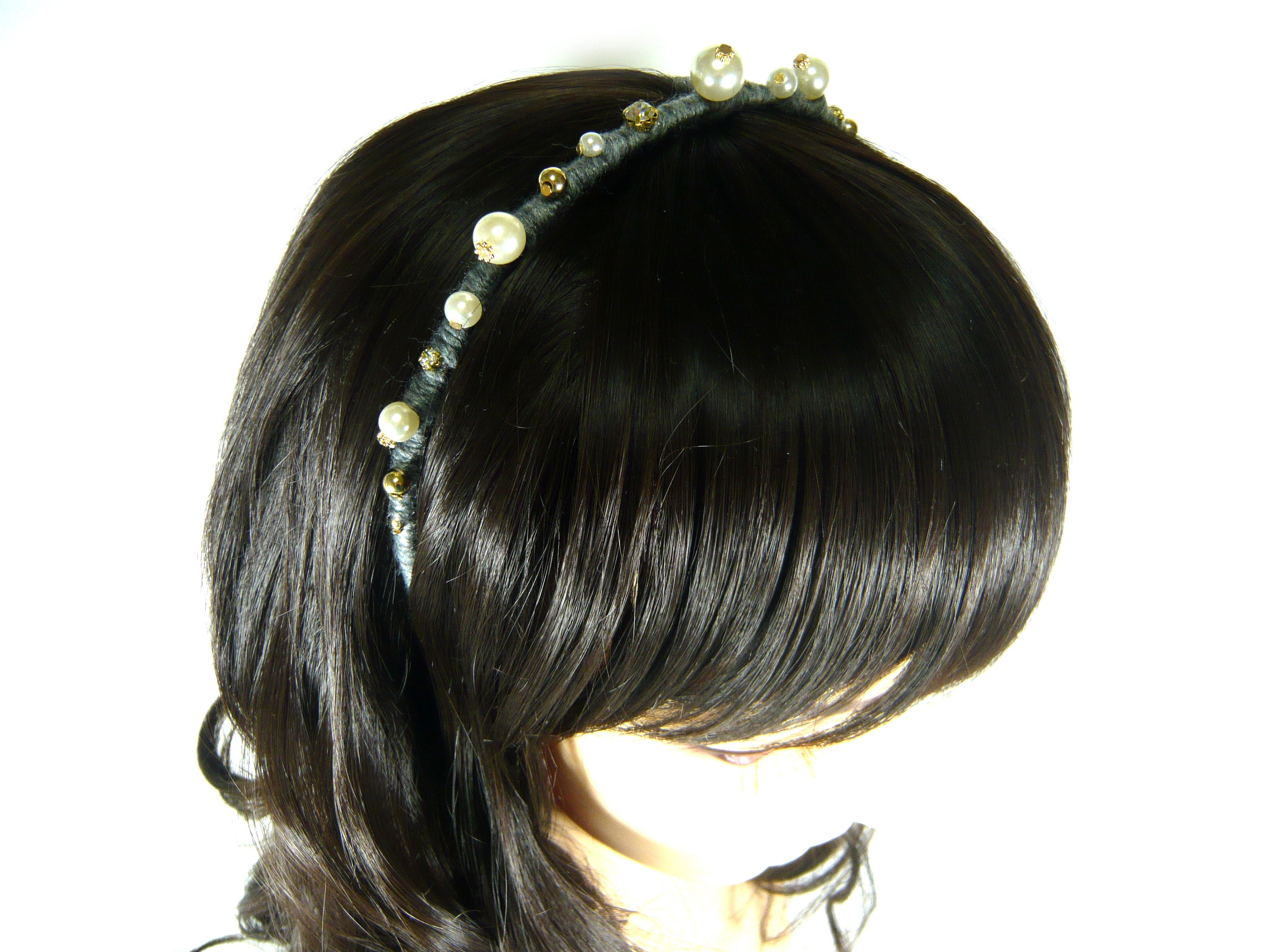 Cream/crystal Metal Headband With Pearls And Crystals