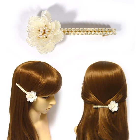 White Ivory Acrylic Flower Floral Faux Pearl Beaded Long  display picture 1