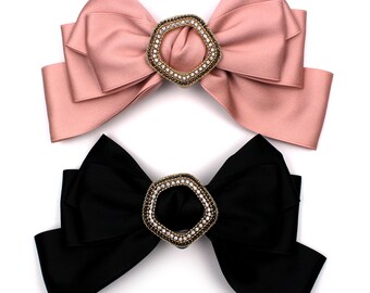 Extra Large Pink Black Satin Ribbon Hair Bows with Rhinestones Decor XL Hair Barrette Bow Hair Clip for Women Fall Hair Accessories Gifts