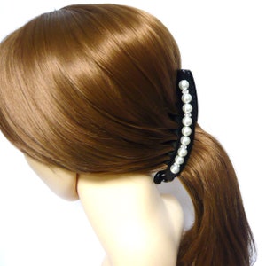 ホワイト グレー フェイクパール ビーズ 装飾 大きな長い黒のプラスチック歯 ヘアバナナクリップ コーム ポニーテールホルダー 女性 レディ ガール ファッション アクセサリー