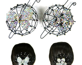 Aurora Silver Crystal Rhinestone Butterfly Flower Black Metal Bun Net Cage Snood Cover Holder Hair Jewelry Clip Pin Stick Unique Fashion New