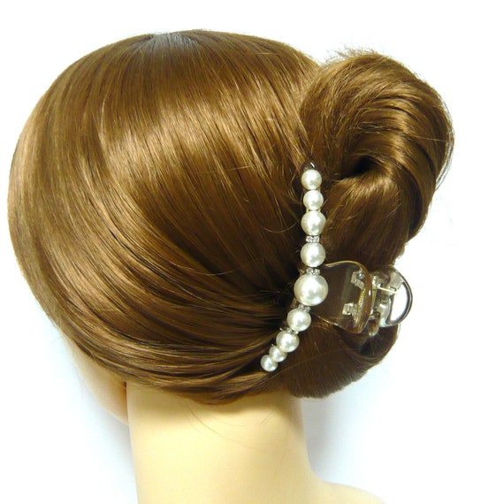 l White Pearl Glitter Hair Claw Jaw Hair Claw Gold Tone Plastic Inner