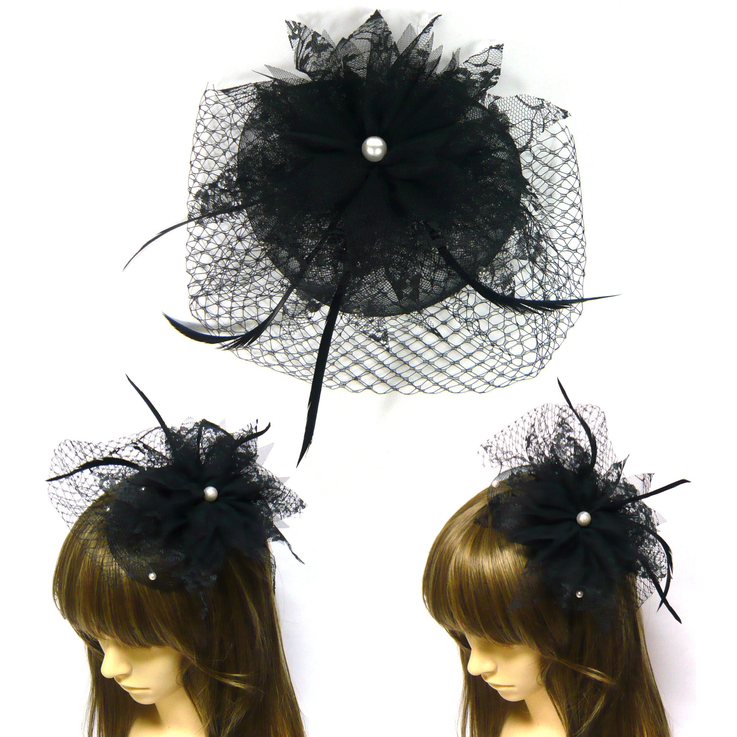 7864 Fascinators Hats For Women, Black Mesh Flower-shaped Pearl Feather Women main image 2