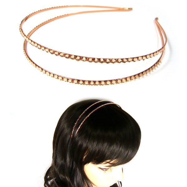 Peach Gold Crystal Rhinestone Slim Thin Metal Double Row Two Line Hair Jewelry Headband Headpiece Hairband Alice Band Bling Women Fashion