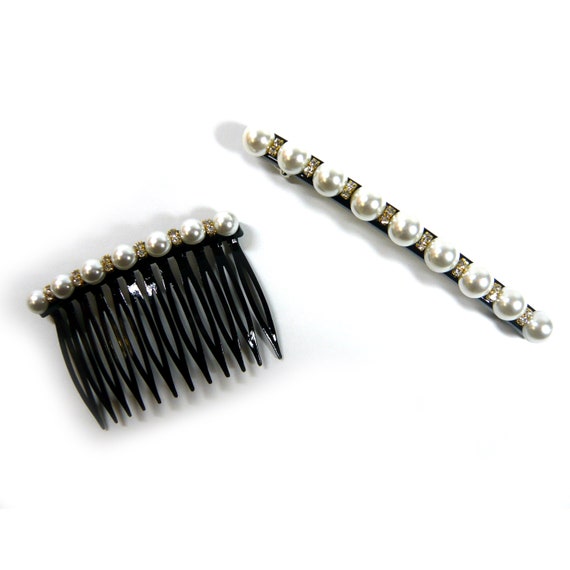 Cream Colored Faux Pearl Rhinestone Decor Black Plastic Hair 