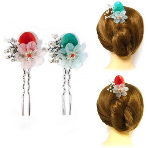 Hair band ponytail holder vintage style oval//flowers blue