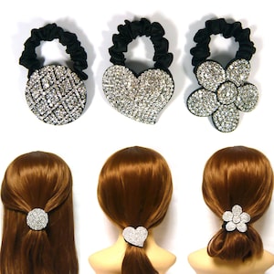 Sparkle Klar Silber Kristall Strass Haarschmuck Kreis Herz Blume Schwarz Stoff Elastisch Pferdeschwanz Inhaber Scrunchie Krawatte Band Zubehör