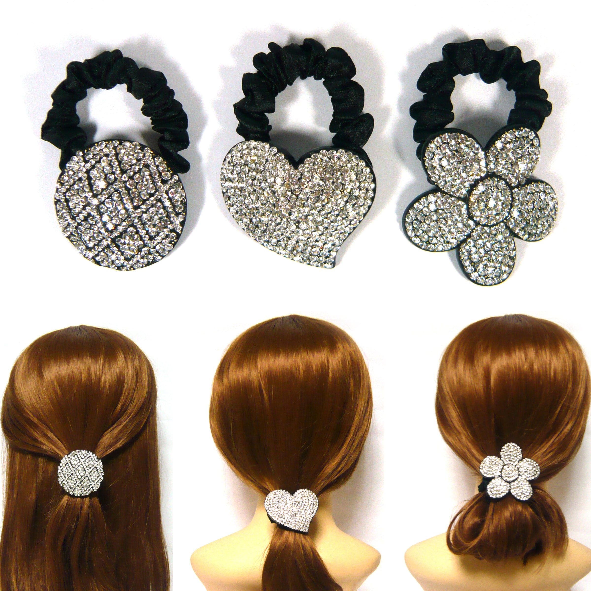 Black Satin Scrunchie with Silver Crystal Flower and Green Gem Black Scrunchie, Black Mesh, Silver Flower Detail and a  main image 3