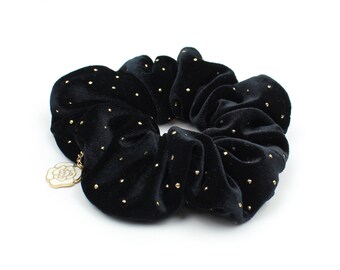 Tiny Gold Metal Studded Soft Large Black Velvet Scrunchie with Dangle Flower Rose Charm Hair Tie Bun Ponytail Holder Winter Hair Accessory